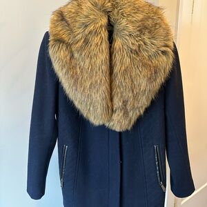 DKNY Navy Coat with Faux Fur Trim